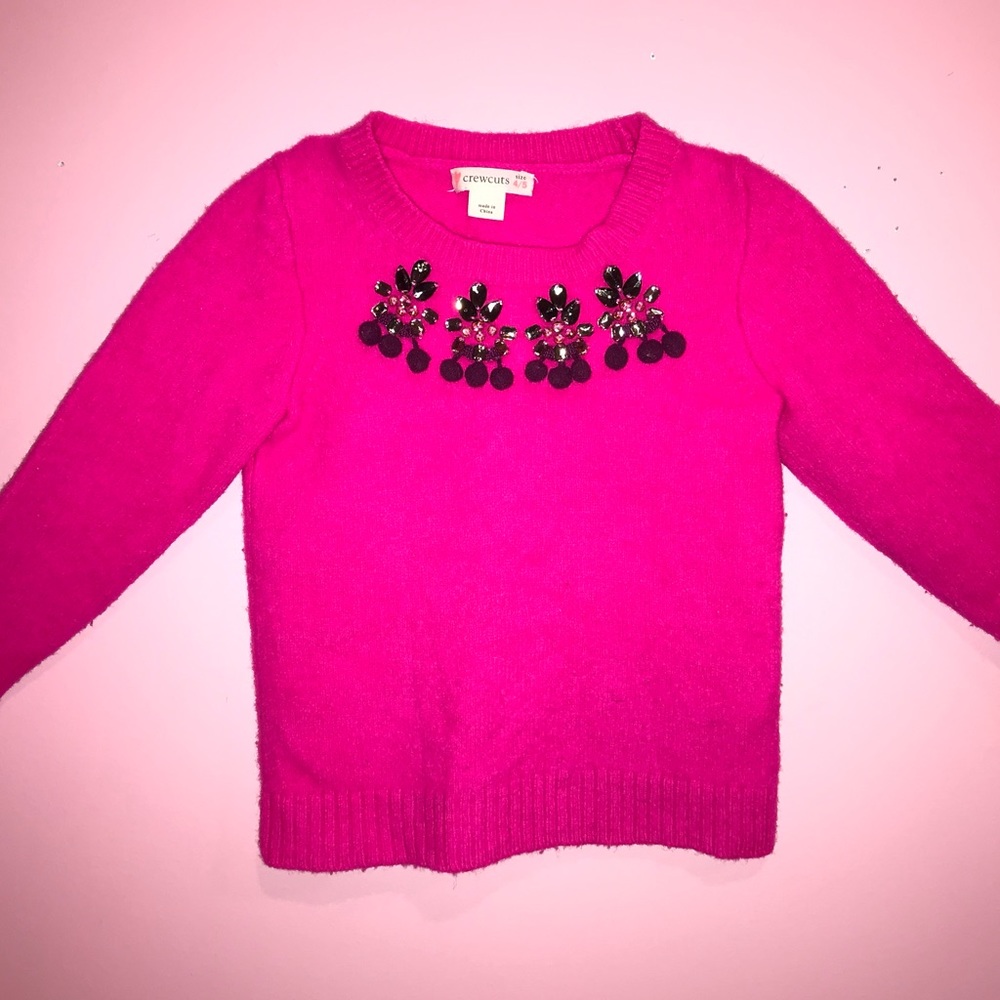 Crewcuts Kids Hot Pink Jewel Pom-Pom Neck Sweater